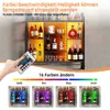A hand holding a remote control is shown pointing at a wine rack with LED lights. Below the wine rack are examples of different color lighting options. Produktbild-Vorschau