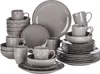 A collection of grey ceramic dishes and mugs are neatly arranged. Produktbild-Vorschau
