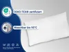 A white pillow is shown on a light gray background with blue accents. Text and icons highlight product features. Produktbild-Vorschau