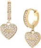 A pair of gold-colored heart-shaped earrings with clear stones, displayed against a white background. Podgląd zdjęcia produktu