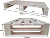 Two views of a wooden pallet bed frame with dimensions indicated. Produktbild-Vorschau