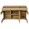 A wooden sideboard with three doors and three drawers, some of which are open, revealing shelves and glass shelves. The doors on the left and right are made of glass. Produktbild-Vorschau