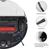 Close-up view of the underside of a robot vacuum cleaner, with inset images highlighting its accessories and materials. Produktbild-Vorschau