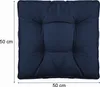 A dark blue cushion with a grid pattern and tufting, shown from a top-down perspective. Dimensions are indicated by measurement lines and text. Produktbild-Vorschau