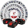 A collage of various cordless power tools and batteries, arranged in concentric circles around a central logo. Produktbild-Vorschau