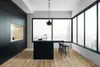A modern kitchen with black cabinets, a black island with stools, and large windows overlooking a city skyline. Produktbild-Vorschau