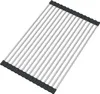 A roll-up dish drying rack made of stainless steel rods with black rubberized ends, laid out flat on a white background. Podgląd zdjęcia produktu