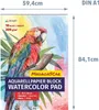 A watercolor pad featuring a parrot illustration, with dimensions and product details displayed. Podgląd zdjęcia produktu