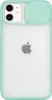 A back view of a turquoise and clear iPhone 13 Mini case with a sliding camera cover. Produktbild-Vorschau