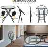 Collage showing a folding table in various states of use and storage, including on a porch and in a car trunk. Produktbild-Vorschau