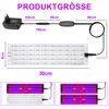 Diagram showing the dimensions and components of a grow light, with examples of its use. Produktbild-Vorschau