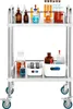 A two-tier stainless steel laboratory cart with various glass bottles and containers filled with liquids. Podgląd zdjęcia produktu