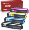 A set of four toner cartridges in different colors, along with their packaging box. Produktbild-Vorschau