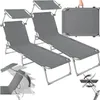 A collage of images showing two gray folding sun loungers with canopies, one folded into a carrying case, and diagrams illustrating folding and adjustment. Náhled obrázku produktu