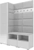 A white and light gray corner wardrobe set with a bench, shoe cabinets, and coat hooks, displayed against a white background. Náhľad obrázku produktu