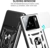 Two phone cases are shown, one black and one white, with a focus on the camera lens protection and ring holder. Produktbild-Vorschau