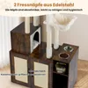A close-up view of a multi-level cat tree with integrated storage and feeding bowls. Voir les images du produit