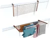 A product image showing a drying rack for laundry, both empty and with clothes on it, mounted on a railing. Voir les images du produit