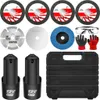 A collection of tools and accessories for a mini angle grinder, laid out on a white background. Produktbild-Vorschau
