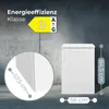 A white refrigerator with an energy efficiency label and dimensions shown. Produktbild-Vorschau