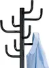 A black coat rack with a light blue shirt hanging on one of the hooks, isolated on a white background. Náhled obrázku produktu
