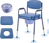 A blue commode chair with accessories displayed separately. Produktbild-Vorschau