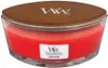 A WoodWick candle in a glass jar with a wooden lid. Produktbild-Vorschau