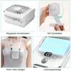 Collage of images showcasing a portable, foldable fan and its features. Produktbild-Vorschau