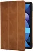 A brown leather iPad case is shown partially open, revealing the screen of an iPad. Produktbild-Vorschau