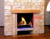 A fireplace with a fire burning inside, with labels indicating height and length. Produktbild-Vorschau