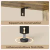 Two separate images showing features of a bookshelf. The top image shows an anti-tip bracket attached to the underside of a shelf. The bottom image shows an adjustable foot on a shelf leg with arrows indicating vertical adjustment and a circular arrow indi Produktbild-Vorschau
