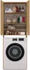 A bathroom cabinet with shelves filled with toiletries and towels, mounted above a white washing machine. Podgląd zdjęcia produktu