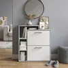 A shoe cabinet with two drawers and open shelves, decorated with books, boxes, a vase with dried flowers, and framed pictures, placed in a hallway or entryway with a mirror above it. Produktbild-Vorschau
