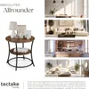 A collage showing a side table in a studio shot and in various room settings, along with text describing its features. Náhled obrázku produktu