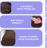 A multi-panel graphic demonstrating the cleaning of a brown fabric product, likely a cushion or upholstery. Anteprima dell’immagine prodotto
