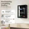 A black wall-mounted display cabinet filled with model cars and figures, with feature callouts on the left. Produktbild-Vorschau