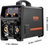 A black VEVOR welding machine with orange accents and a digital display is shown from the front-left angle. Dimensions are indicated on the right and bottom edges. Produktbild-Vorschau