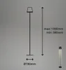 A technical drawing and a small lifestyle image of a black LED floor lamp against a gray background. Produktbild-Vorschau