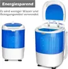 Two views of a compact mini washing machine, one closed and one open, with descriptive text in German. Produktbild-Vorschau