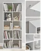 A collage showing a white bookshelf with various items on its shelves, and close-up detail shots of the bookshelf's construction and mounting hardware. Produktbild-Vorschau