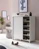 A shoe cabinet in a hallway with shoes inside and two heels on the floor in front. Náhled obrázku produktu