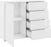 A white dresser with one open door on the left and four drawers on the right, against a white background. Náhľad obrázku produktu