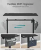 A collage of images showing the features of an adjustable desk, including a fabric organizer and a hook for hanging items. Produktbild-Vorschau