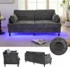 A collage of images showing a modern gray chenille sofa with LED lighting and USB charging ports. Produktbild-Vorschau