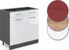 A kitchen base cabinet with two drawers and two doors, shown next to three circular swatches representing color options: red, wood grain, and white. Voir les images du produit