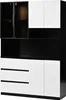 A modern, multi-functional cabinet with a combination of glass-fronted upper cabinets and solid lower cabinets and drawers, presented against a plain white background. Podgląd zdjęcia produktu