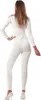 A woman wearing a white full-body suit and white high heels, shown from the back. Produktbild-Vorschau