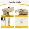 Collage of four close-up shots of a white and wood-grain furniture piece, highlighting its details like the tabletop material, rotation feature, side shelving, and drawer handle. Produktbild-Vorschau
