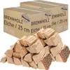 Two cardboard boxes of firewood are shown in the background, with a pile of cut firewood in the foreground. Produktbild-Vorschau