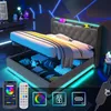 A modern bedroom with a bed featuring LED lighting and storage. The image highlights the bed's features, including its LED lighting system controlled by a smartphone app and remote, as well as USB and Type-C charging ports. Produktbild-Vorschau